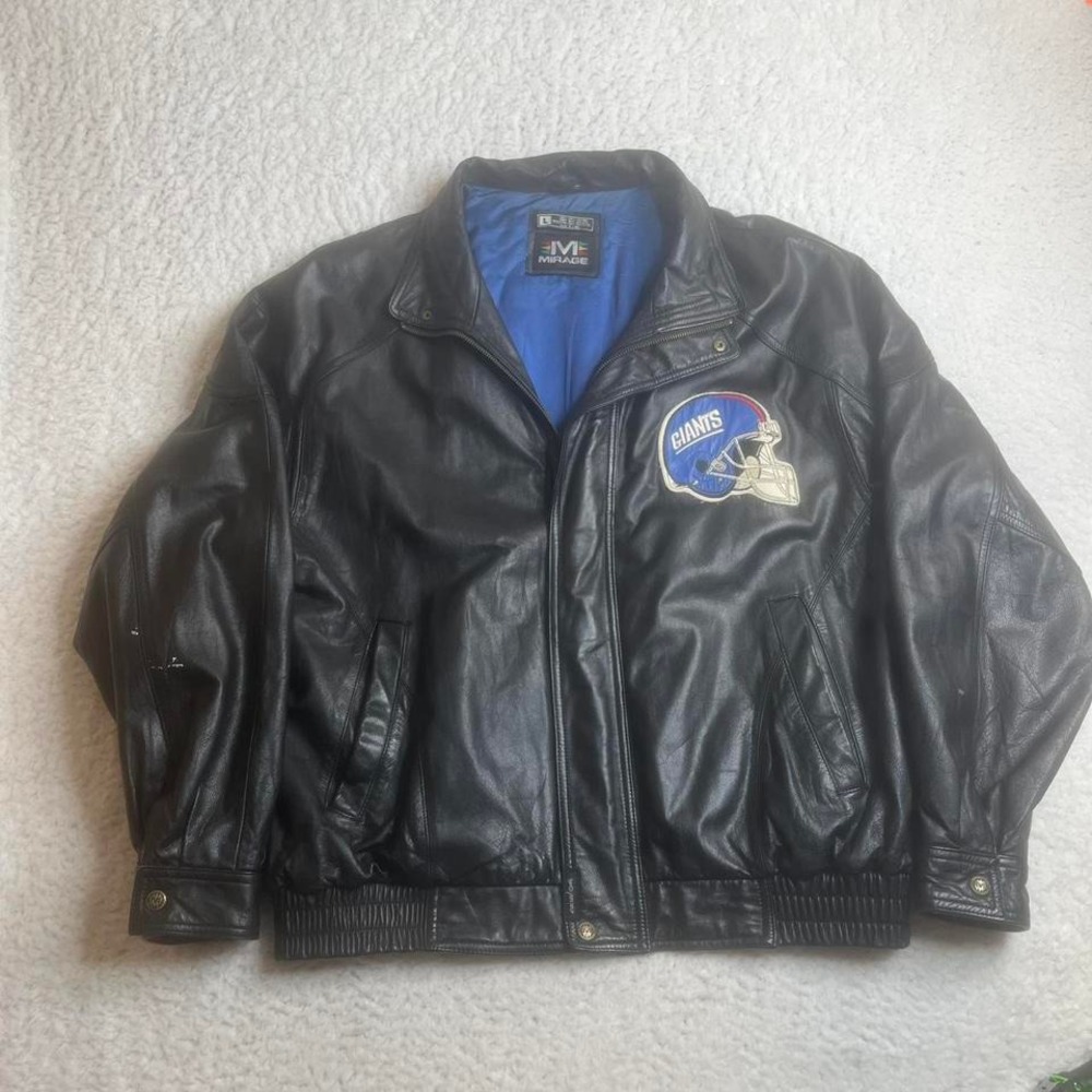 Vintage New York giants‎ men's embroidered black leather jacket 90s nfl L